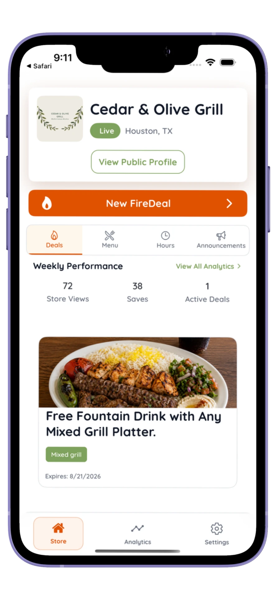 Nibl merchant app store dashboard with weekly performance and an active deal