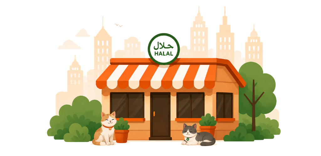 Illustration of a local halal restaurant storefront with two cats out front